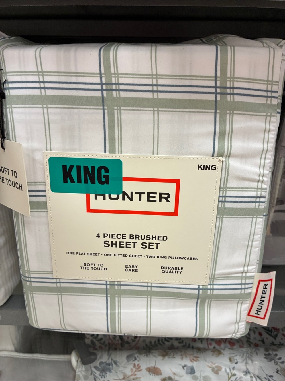 Hunter King 4-Piece Brushed Sheet Set in White with Sage and Slate Plaid